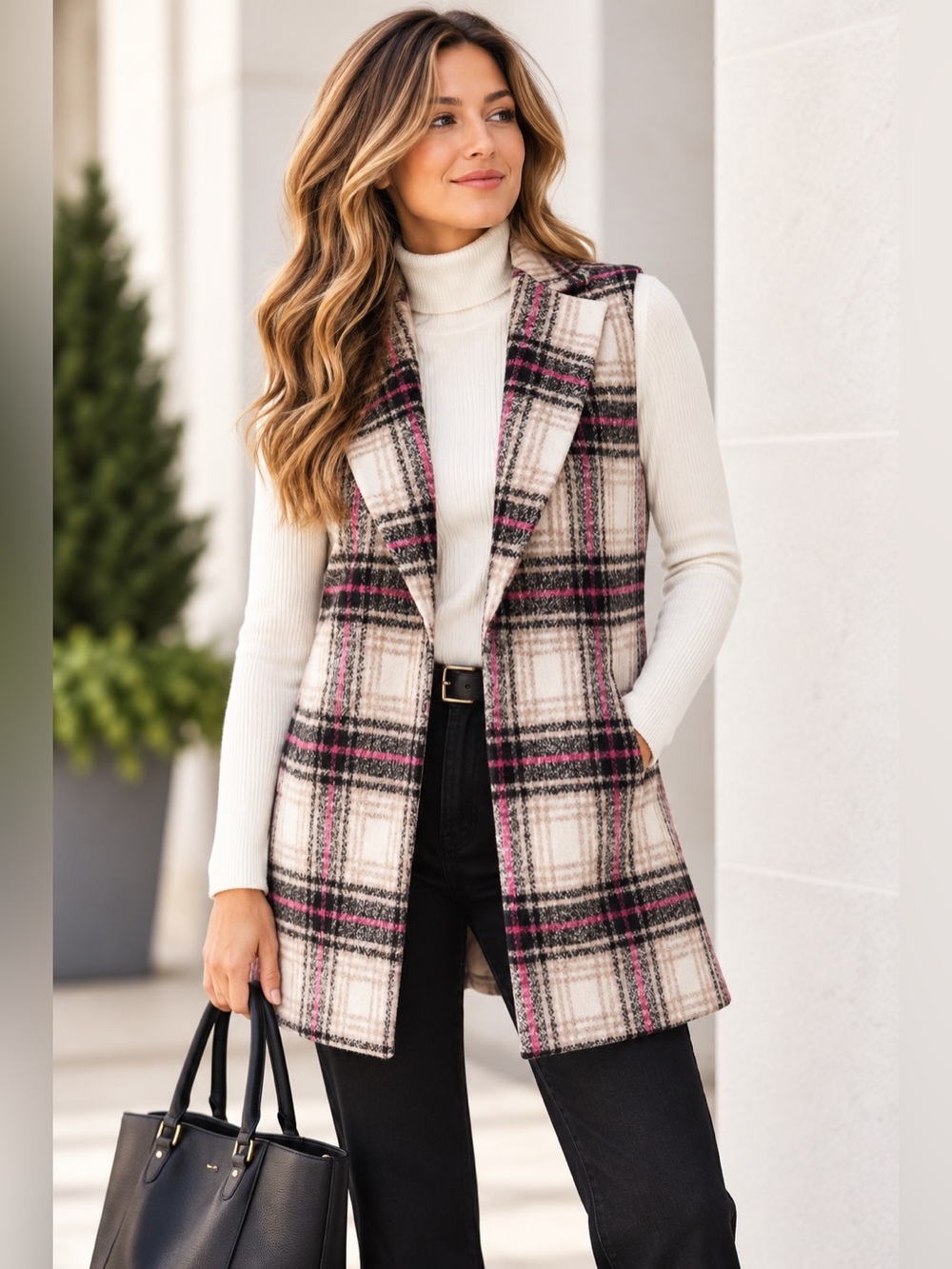 Thakoon for DesignNation Plaid Longline Vest Pink Black Cream Size M